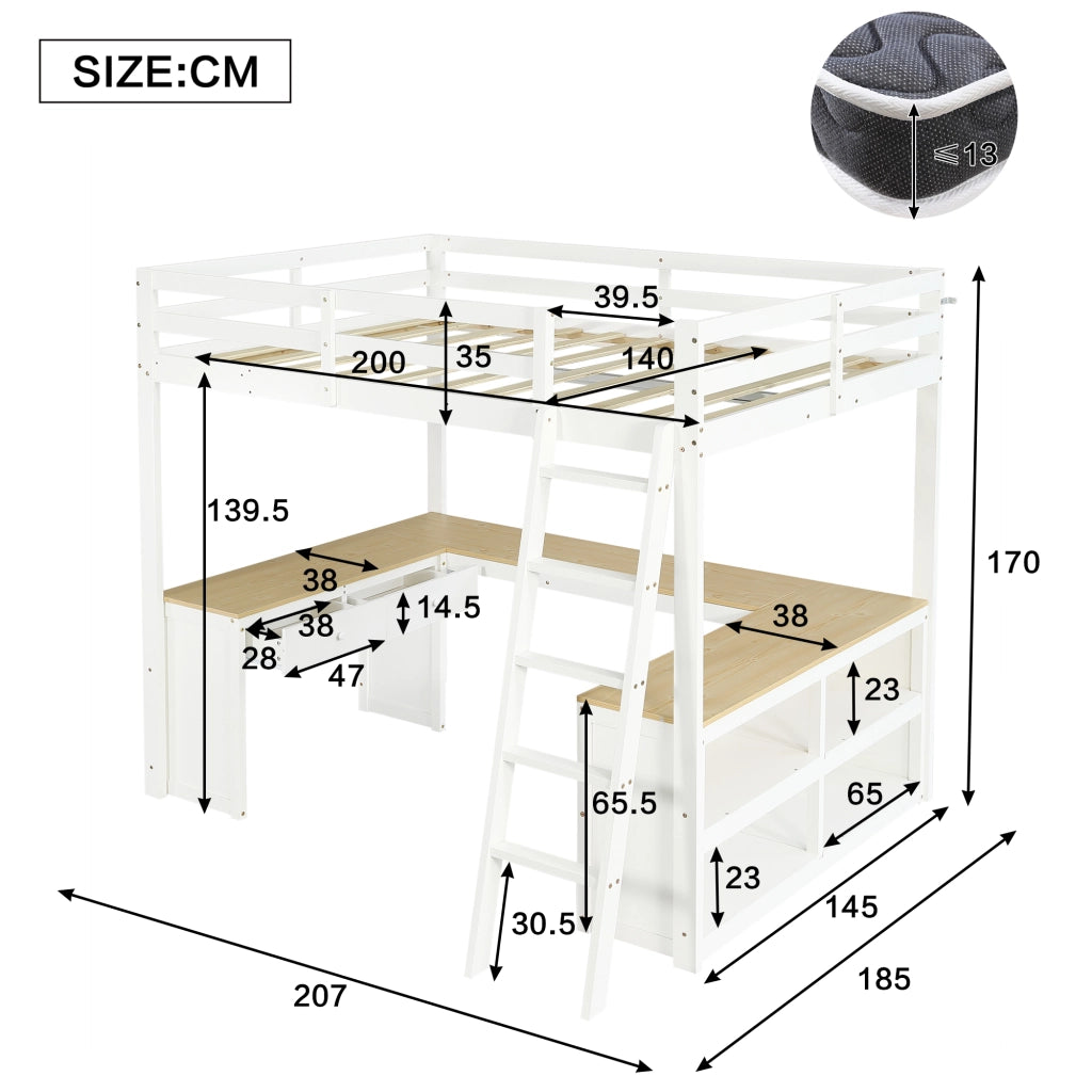 DESMIU Letto a soppalco per bambini 140 × 200 cm 1 posto con scrivania a U, 2 cassetti, ripiano, senza materasso, bianco e naturale