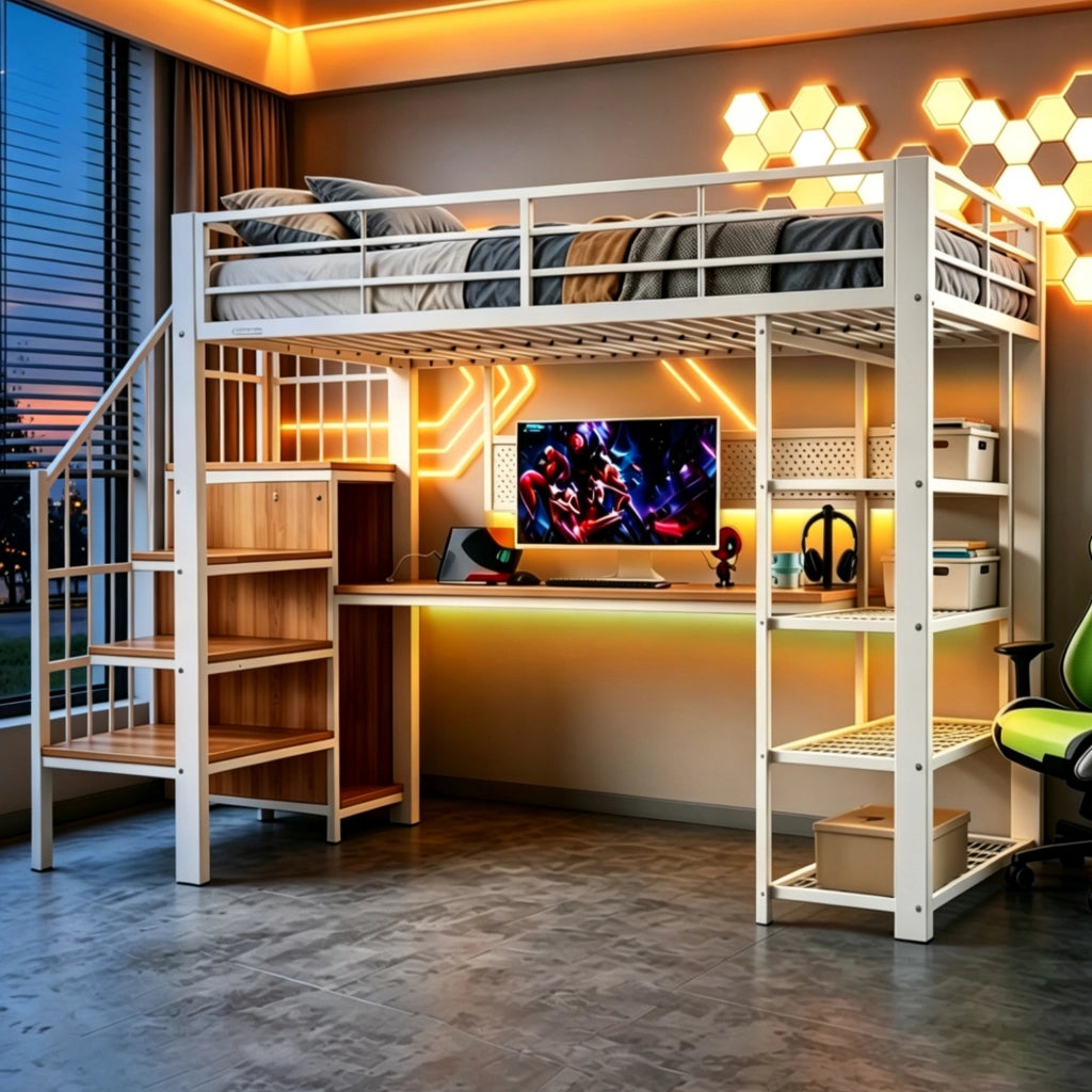DESMIU Lit soppalco 90 × 200 cm 1 posto con scala contenitore, LED, prese, ripiani, senza materasso, in metallo e legno, bianco