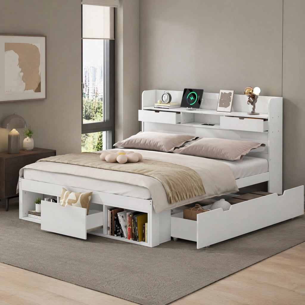 LETTO 140x190 cm bianco con USB e cassetti