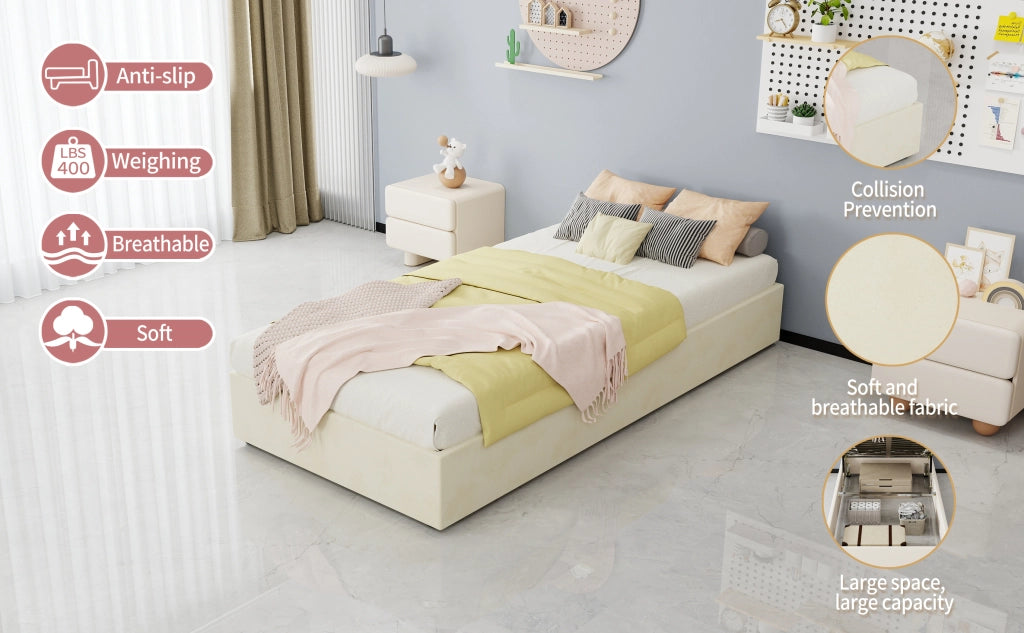DESMIU Letto bambino 90 × 200 cm 1 posto con contenitore pneumatico e testiera fantasia, senza materasso, in tessuto e metallo beige