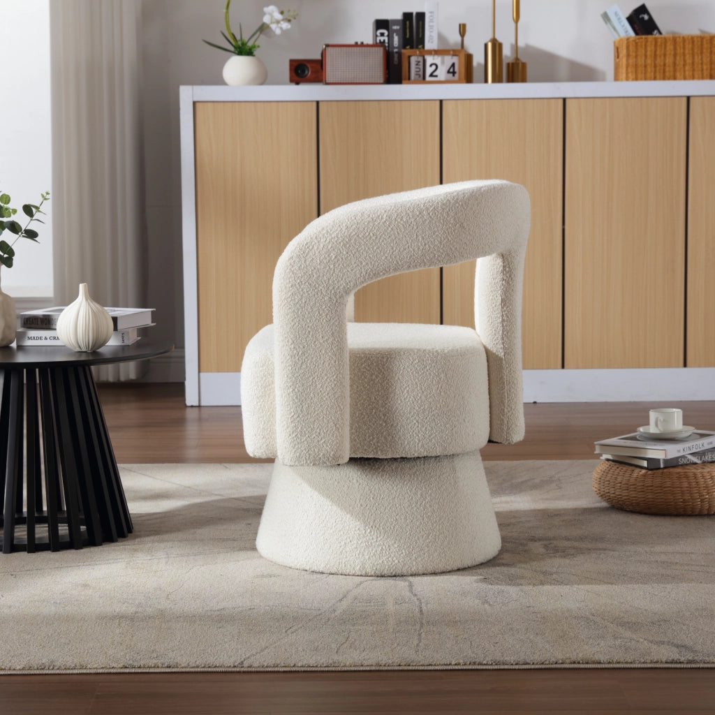 OKWISH Poltrona Girevole con Rotazione 360, Seduta Imbottita Ampia, Braccioli Arrotondati e Base in Metallo, Bouclé Beige