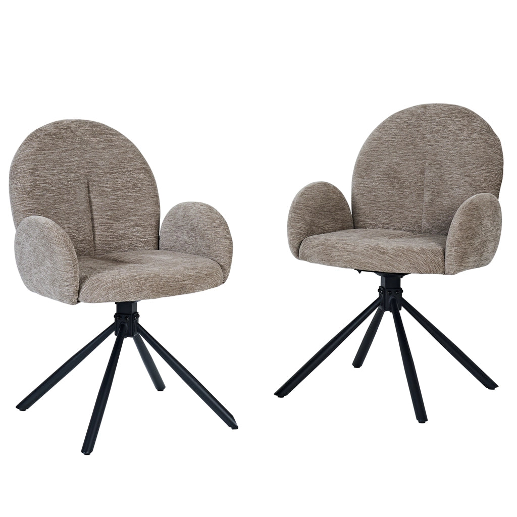 Set di 2 sedie da pranzo girevoli con braccioli, seduta effetto velluto, gambe in metallo nero, colore taupe