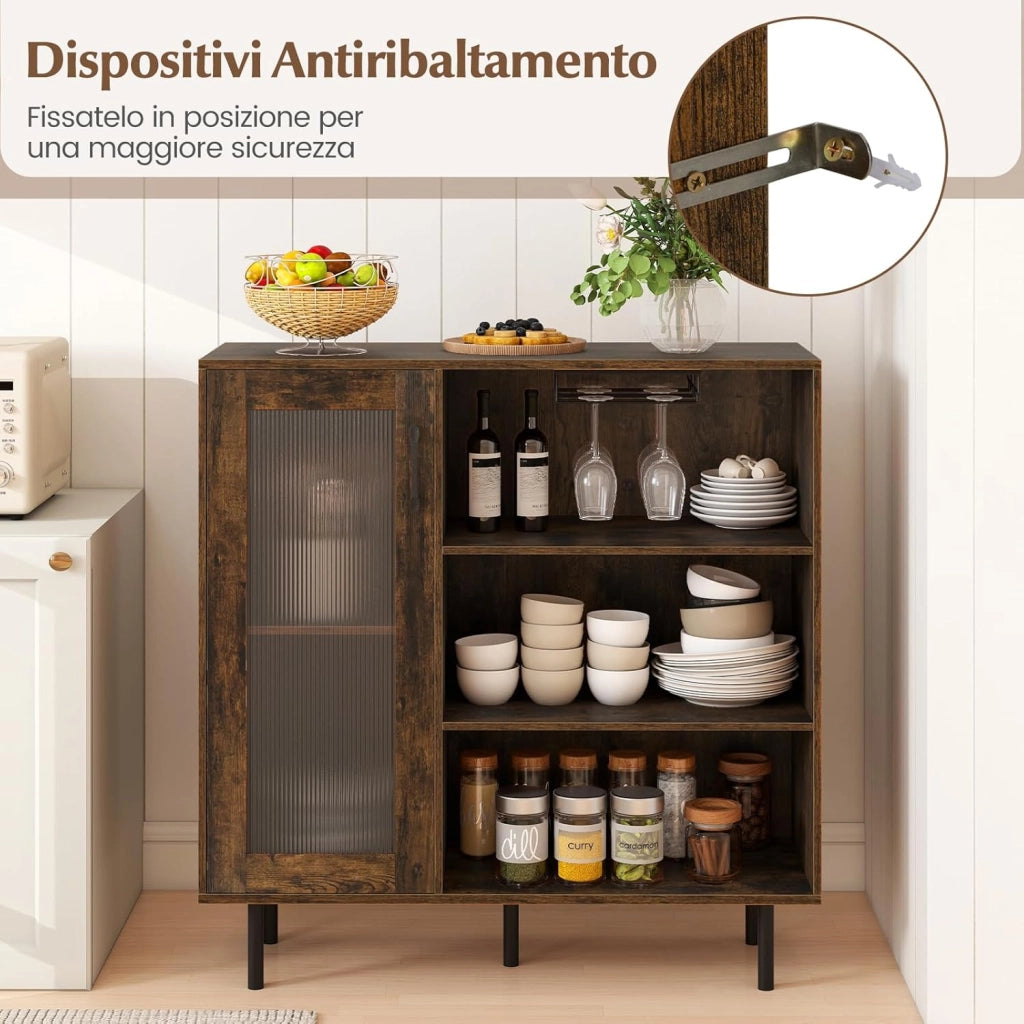 Credenza da Cucina, Armadietto Salvaspazio in Legno con Porta, Ripiano Regolabile e Portabicchieri da Vino, Mobile a Buffet per Soggiorno, Sala da Pranzo e Ingresso, 95 x 35 x 98 cm