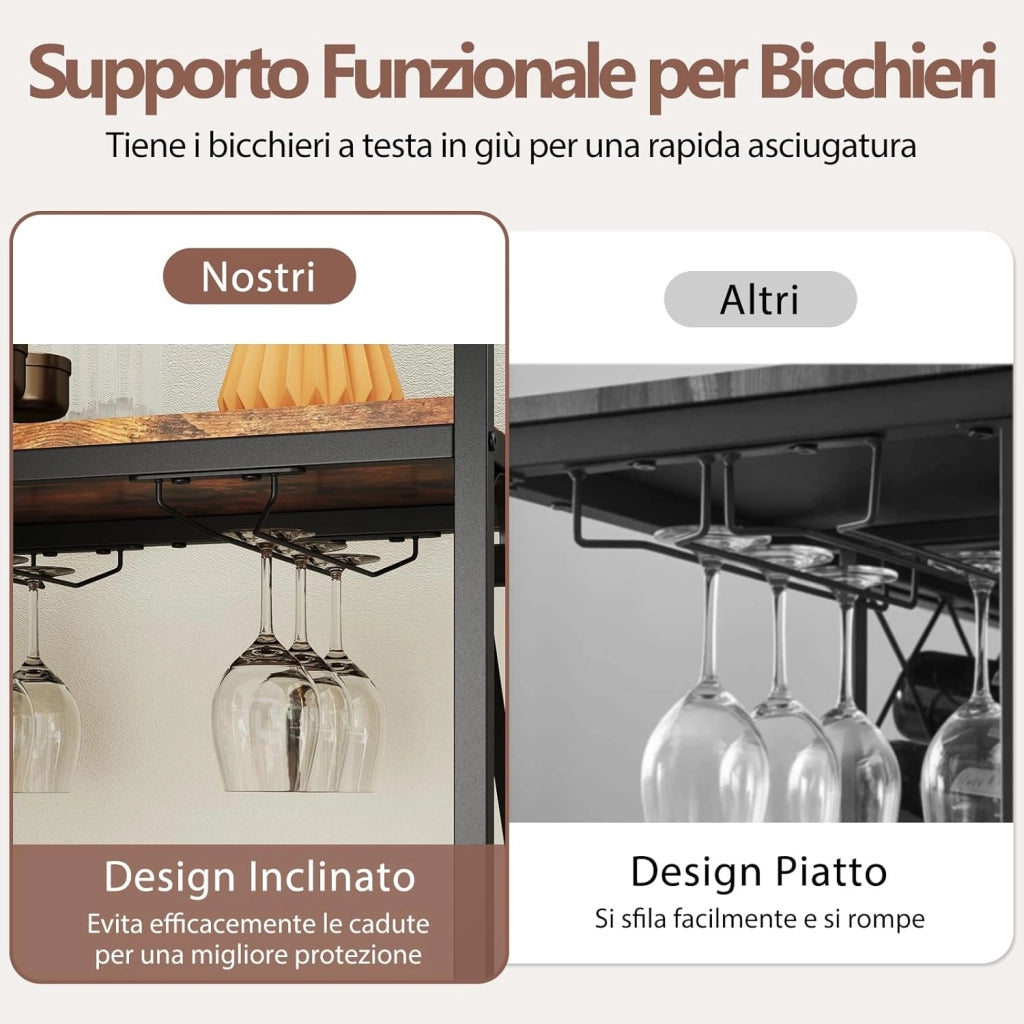 Portabottiglie da Terra per 21 Bottiglie, Portabottiglie da Vino con Supporto per Bicchieri, Piano in Legno e Mensola per Stoccaggio, Struttura Metallica，per Cucina e Bar (Marrone)