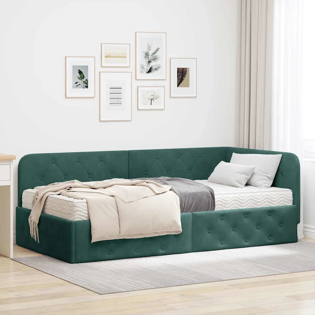 Cornice del letto ad angolo Verde Scuro 100 x 200 cm Velluto