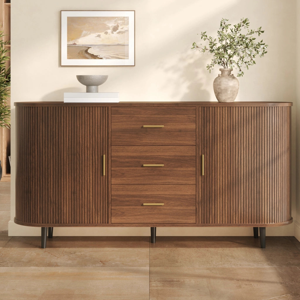 Credenza da sala da pranzo, mobile da ingresso, 3 cassetti, ante scorrevoli, piedini in metallo, color noce