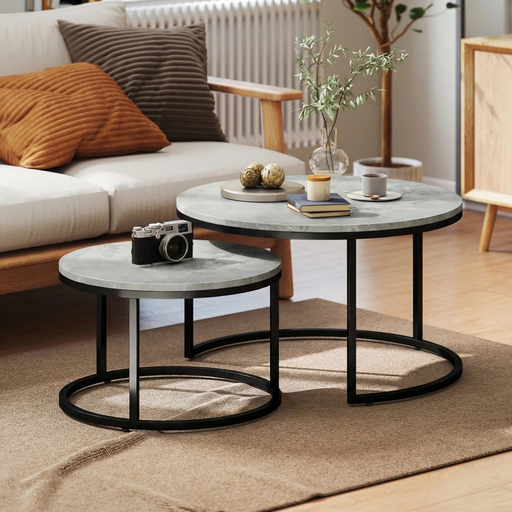 Tavolino da caff¨¨ rotondo effetto marmo ¨C Minimal ¨C 2 pezzi telaio metallo grigio