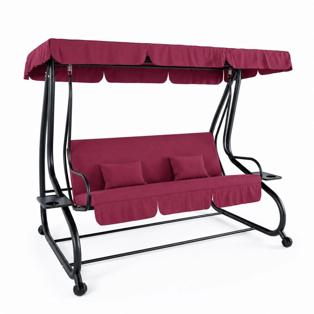 Dondolo 3 Posti Reclinabile Madeira Tettuccio Parasole Regolabile Cuscini Imbottiti Diventa Letto Struttura Robusta In Acciaio Verniciato Giardino Esterno Balcone Terrazzo 200 x 120 x 160 cm Bordeaux