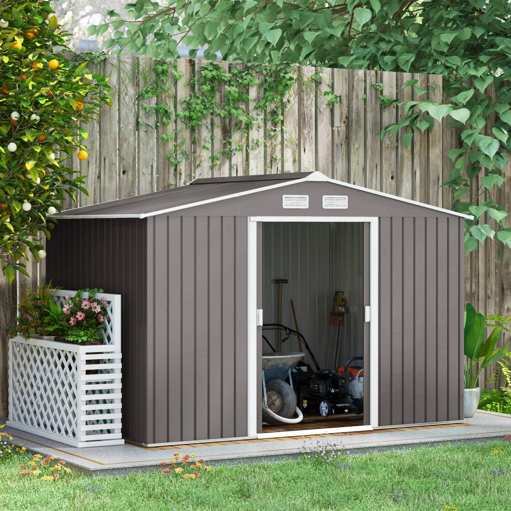 Casetta da giardino in metallo con base, resistente alle intemperie, grigia, 277x195x192 cm, ideale per riporre attrezzi e oggetti da giardino.