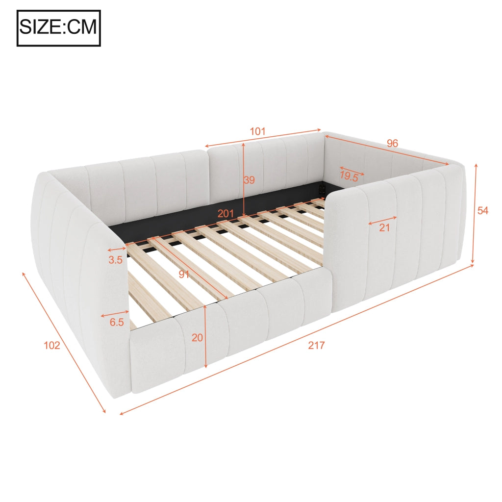 Letto singolo imbottito 90×200 cm con testiera e barriera di sicurezza; senza materasso; MDF e velluto; beige