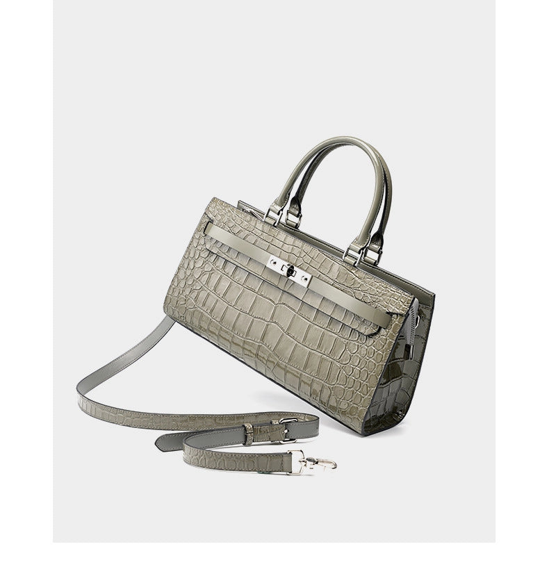 Borsa Kelly Bag in pelle di vacchetta con motivo coccodrillo, borsa a tracolla grande Wew, grigia