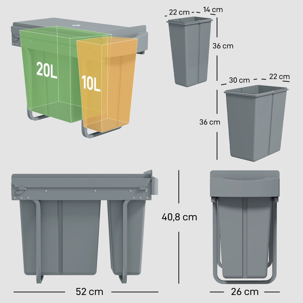 Pattumiera estraibile con 2 contenitori rimovibili ¨C Xylo ¨C 30L (20L+10L) grigio metallo