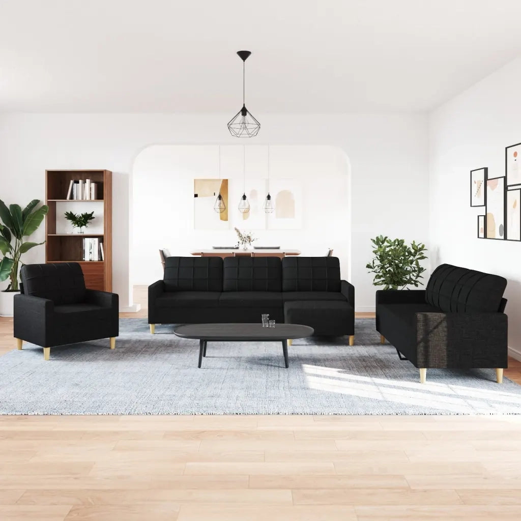 Set di Divani 4 pz con Poggiapiedi Nero in Tessuto