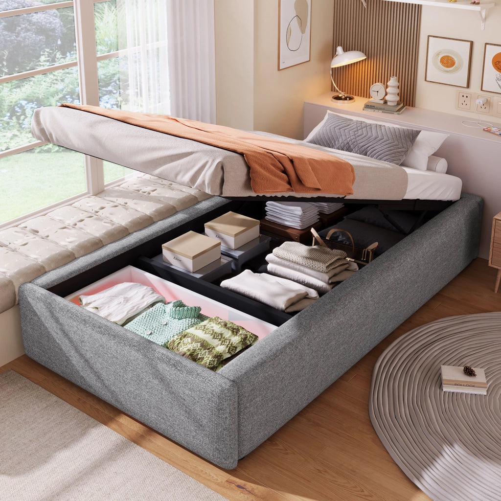 Letto adulto 90×200 cm; con contenitore idraulico e 1 cassetto; senza materasso; in tessuto grigio