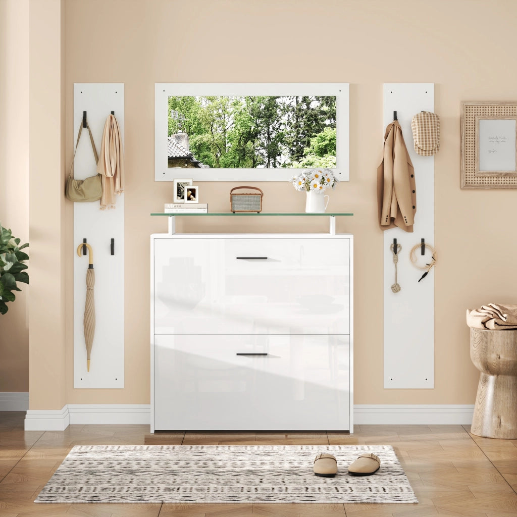 MOBILE INGRESSO Set da 4 pezzi con specchio e scarpiera 89,5x23x96,5 cm bianco