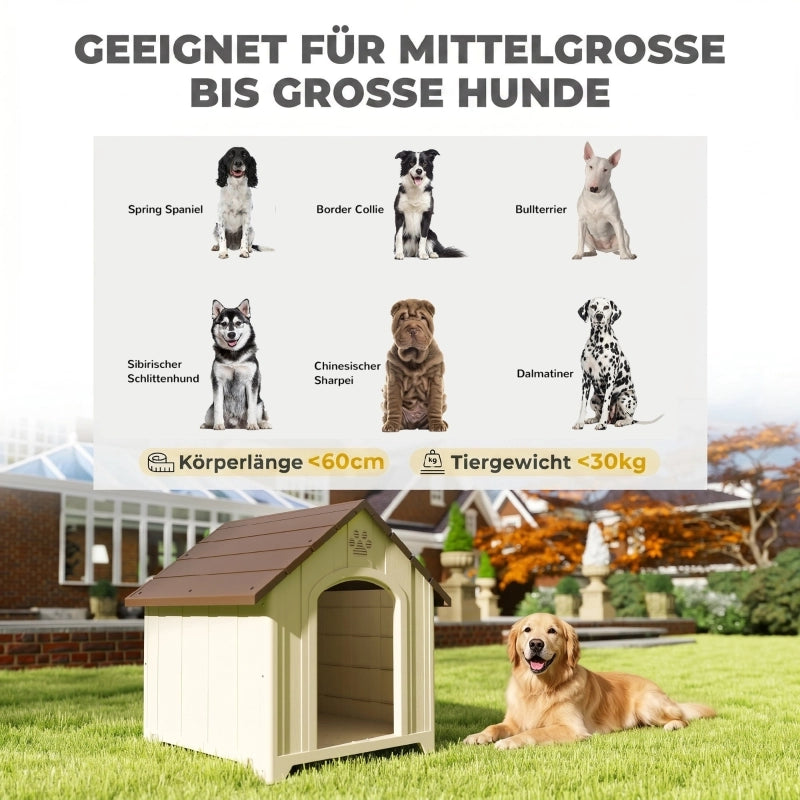Cuccia per cani resistente alle intemperie, 88 x 79 x 89 cm. Cuccia rialzata con tetto incernierato in asfalto e ancoraggi a terra.