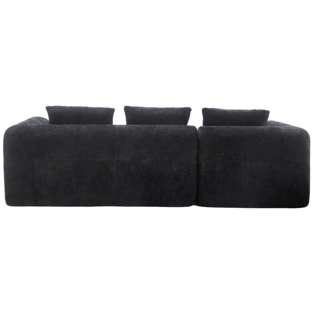 Divano angolare 3 posti con chaise longue in chenille nera; 250x158x60 cm con 3 cuscini