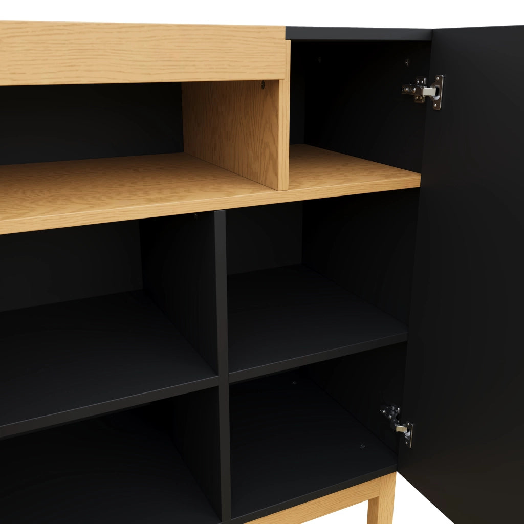 Credenza a 3 ante con nicchia aperta e vani chiusi per soggiorno e sala da pranzo; nera; 120.5 × 42 × 96 cm