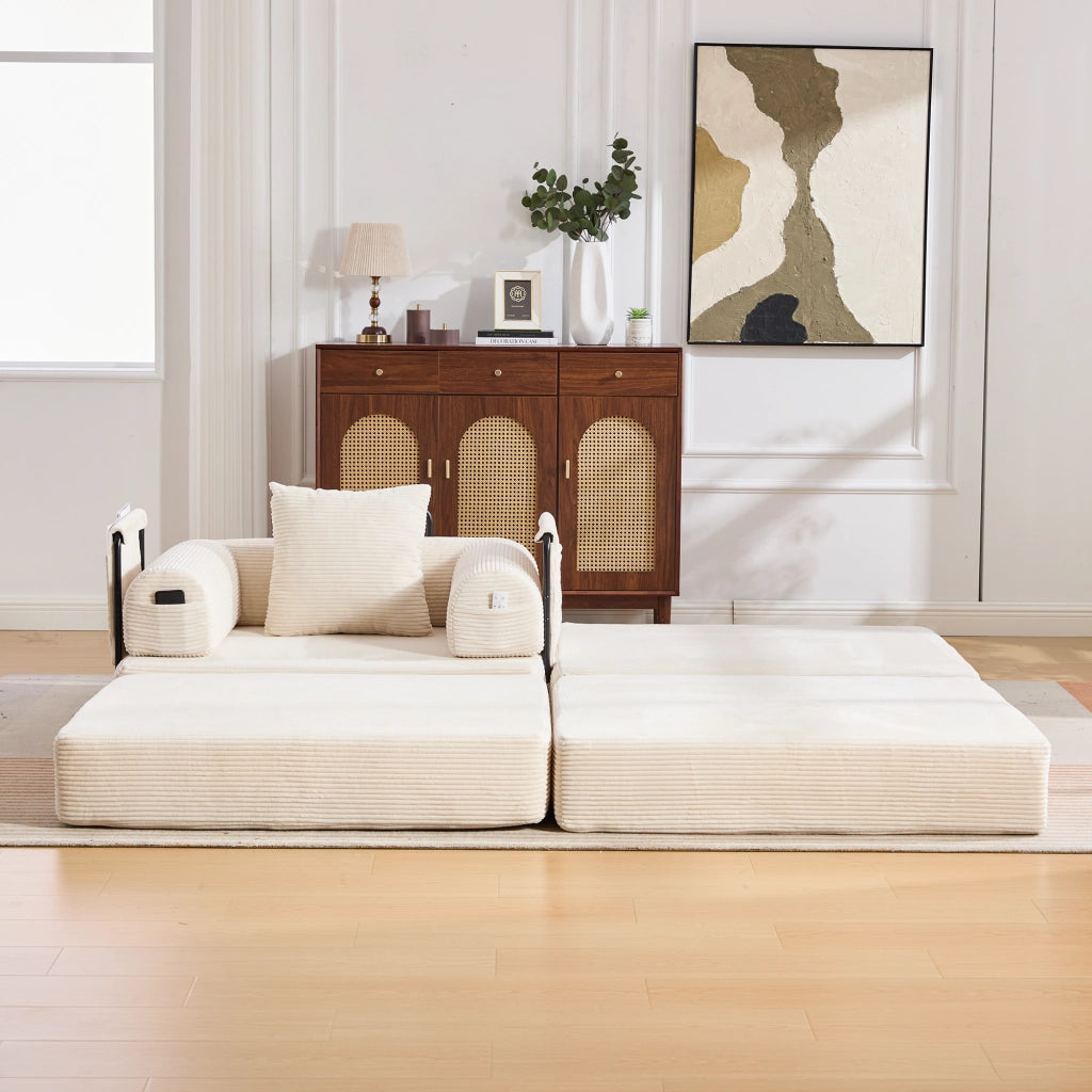 Divano Modulare con Pouf, con Tasca Laterale e Cuscino, in Velluto a coste, Beige