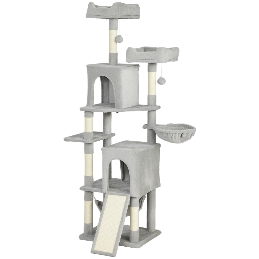 Albero Tiragraffi per Gatti con 2 Casette e Lettini ¨C Minimal ¨C Grigio Chiaro e Beige 48x40x177 cm