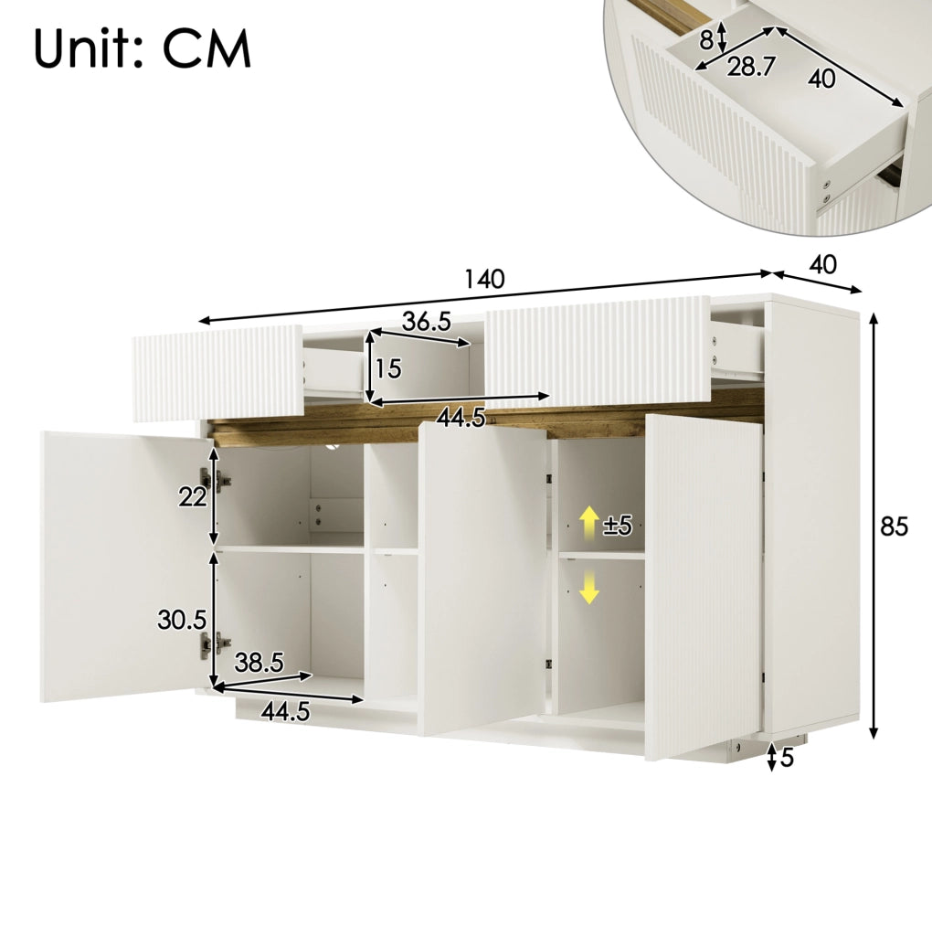 Credenza bianca moderna con LED; 140x40x85 cm; in MDF e truciolare