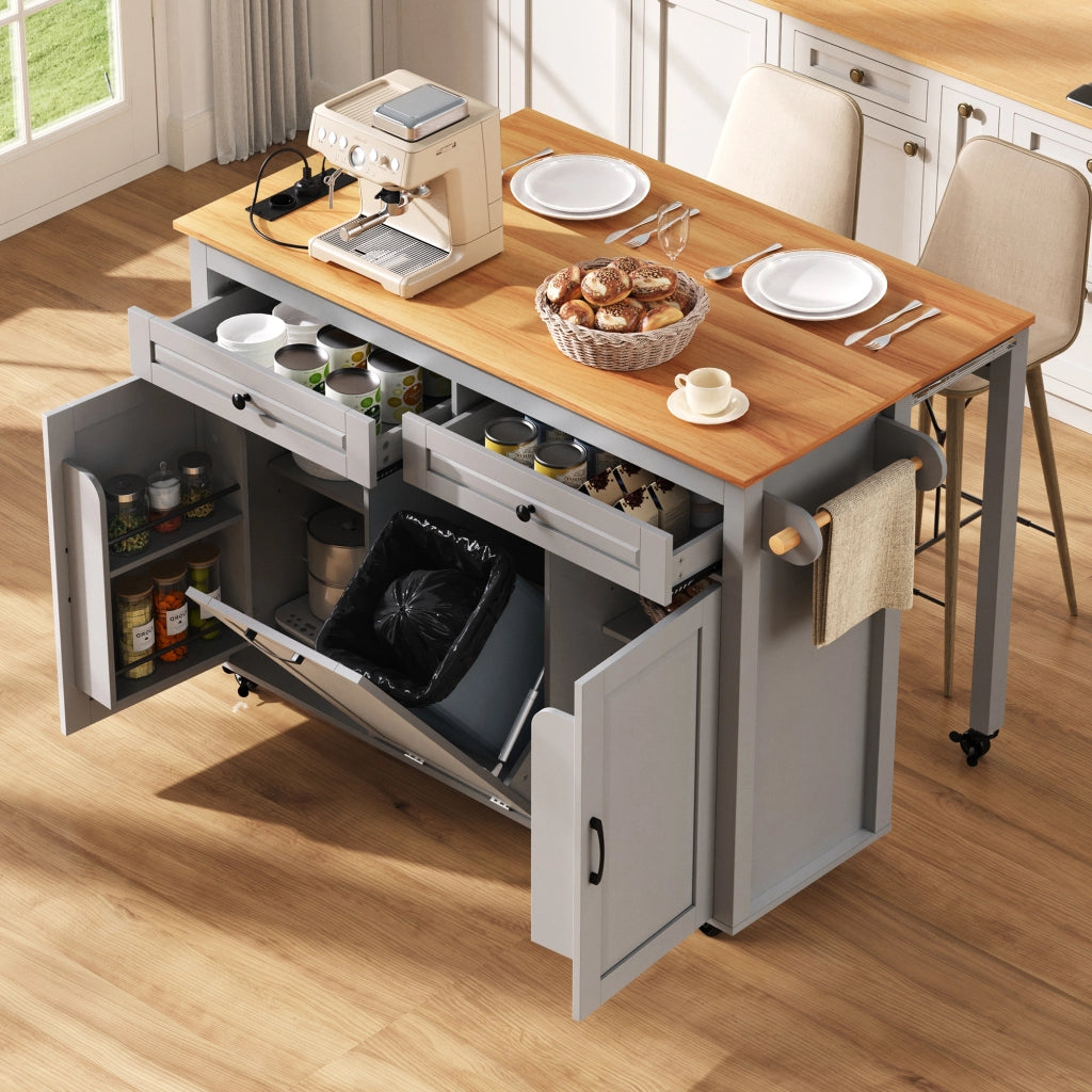 Isola Cucina Mobile con Ruote e Piano Estensibile 120×40-75 cm; Vano Porta Rifiuti; Prese AC/USB-C e Spazio Contenitore Grigio