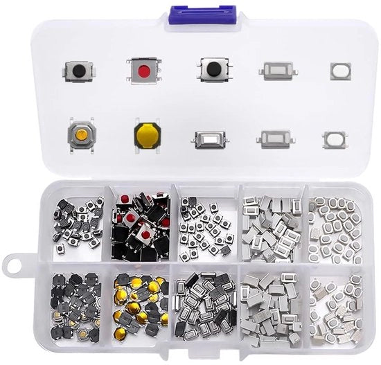 Kit di Assortimento di 250 pezzi di Tasti Tattili a Druk con Momentaneità Micro con Cassetta in Plastica per TV, Audio, Chiavi Remoto, Telecamere, Computer