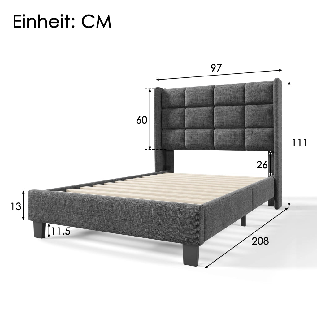 Letto Singolo Imbottito con Testiera e Rete a Doghe ¨C MINIMAL ¨C Grigio, 90x200