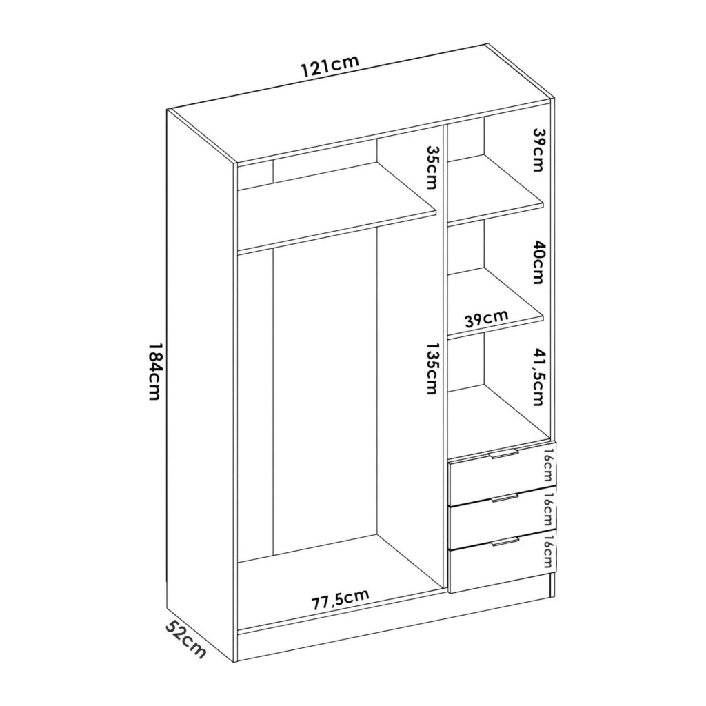 Guardaroba Astru, Mobile appendiabiti per camera da letto, Armadio a 3 ante battenti e 3 cassetti, 121x52h184 cm, Rovere