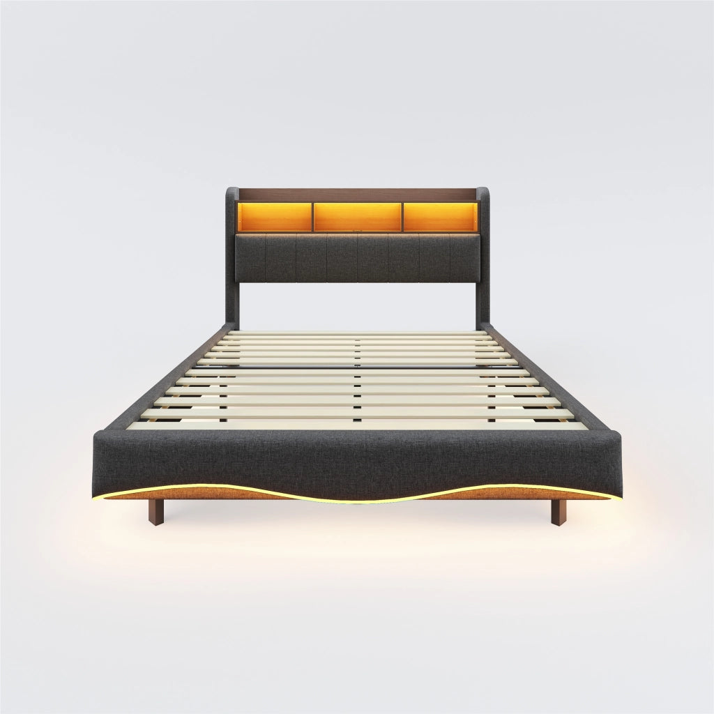 LETTO Imbottito 160x200 cm Grigio con LED, USB e Type-C