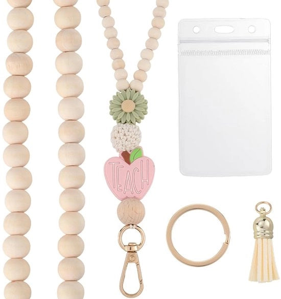 Lanyard in Legno Boho con Fiori e Chiave per Badge ID