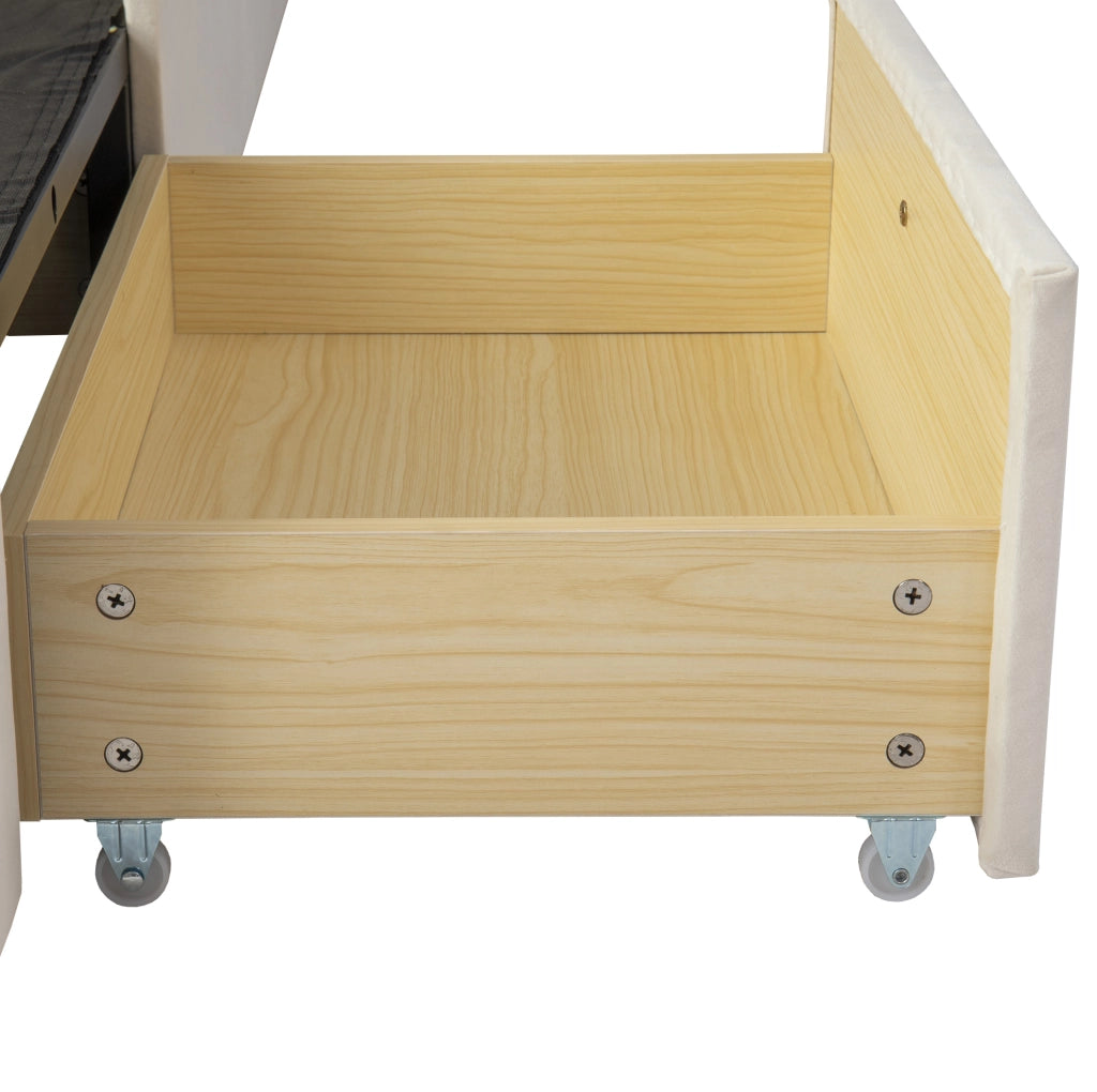 Letto imbottito con contenitore, 3 cassetti e LED 90x200 cm beige