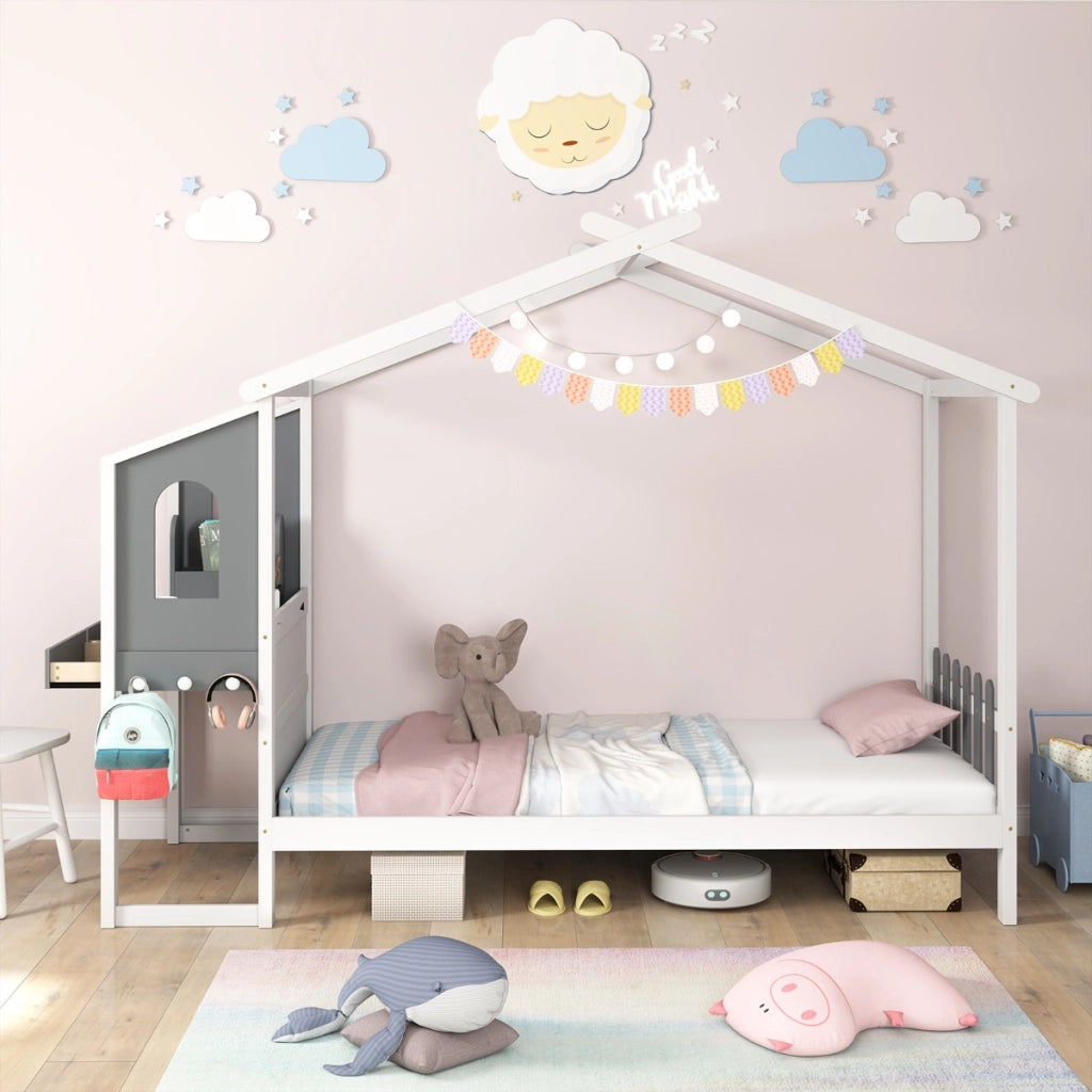 Letto singolo con tetto e staccionata, Letto a piattaforma in legno 253 x 102 x 193 cm, portata 150 kg