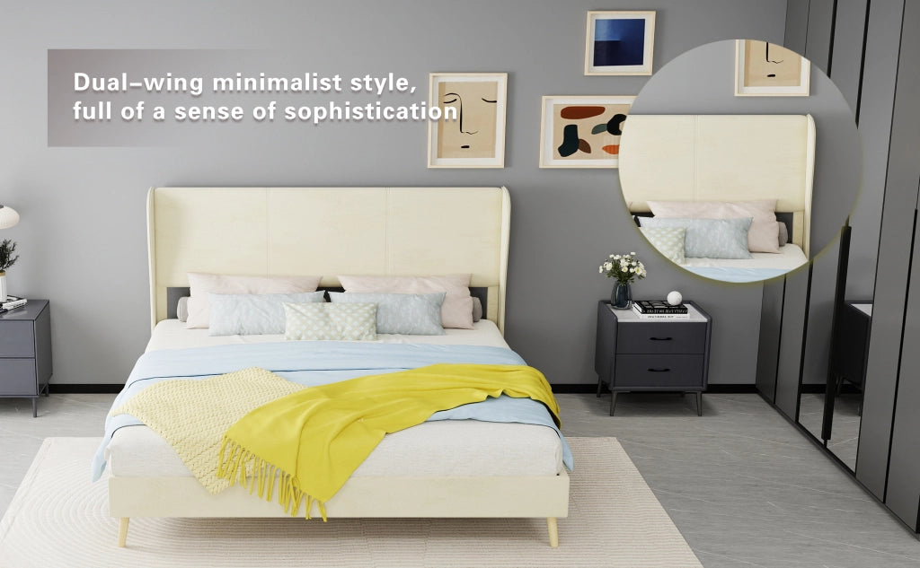 DESMIU Letto matrimoniale 160 × 200 cm 2 posti con testiera, senza materasso, in tessuto e metallo, beige