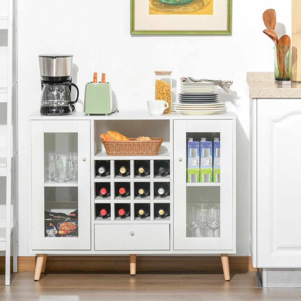 Credenza da cucina con portabottiglie cassetto ripiano e 2 ante in vetro ¨C Xylo ¨C Bianco 100x33x80 cm