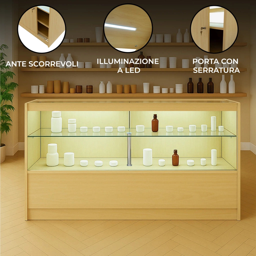 Bancone LED Acero C1500 con Vetrina, 3 Ripiani e Ante Scorrevoli