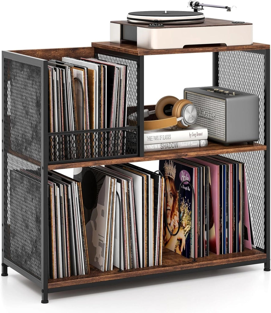 Supporto per Giradischi a 3 Ripiani, Fino a 300 Album, Porta Giradischi Vinili con 3 Separatori Rimovibili e Struttura in Metallo, Mensola di Archiviazione per Soggiorno, 83x36x76,5 cm