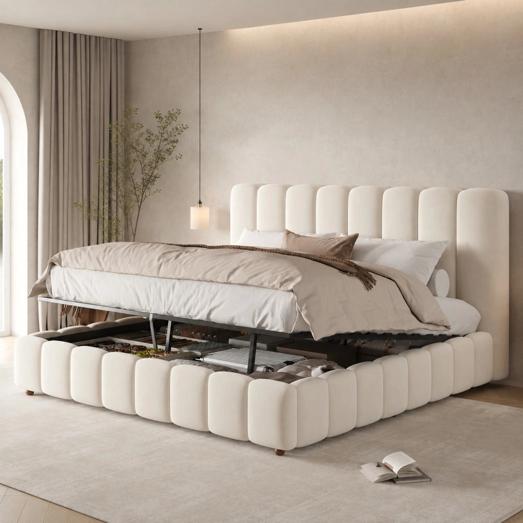 Letto matrimoniale 180 x 200 cm, testiera imbottita, vano portaoggetti, rivestimento in velluto, color beige