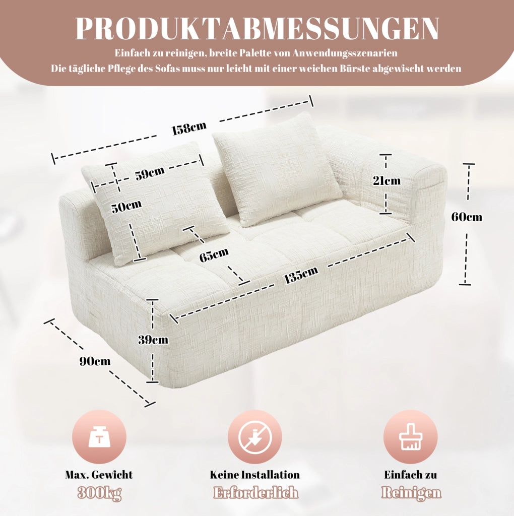 Divano con chaise longue in chenille beige 158x90x60 cm; con tasche laterali e cuscino