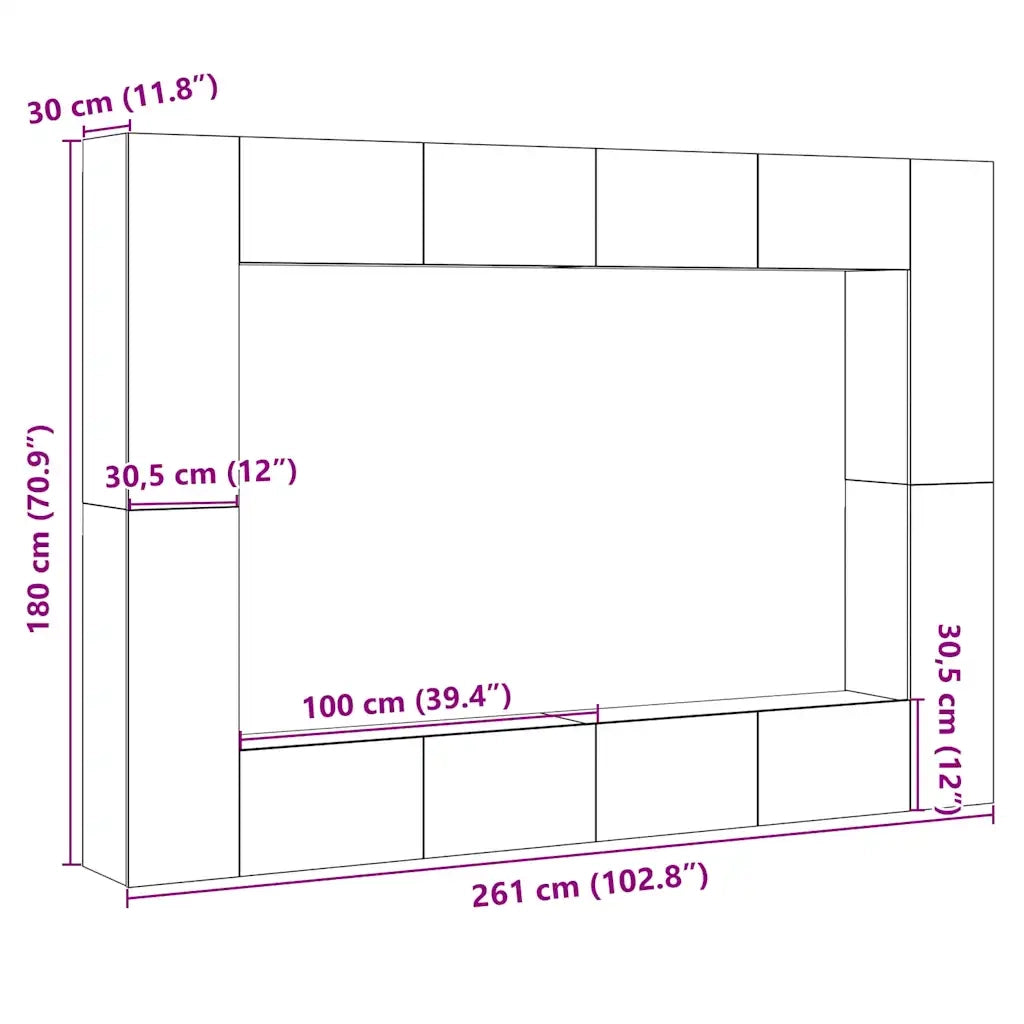 Set Mobile TV 8 pz Montato a Parete Rovere in Legno Multistrato 3328978