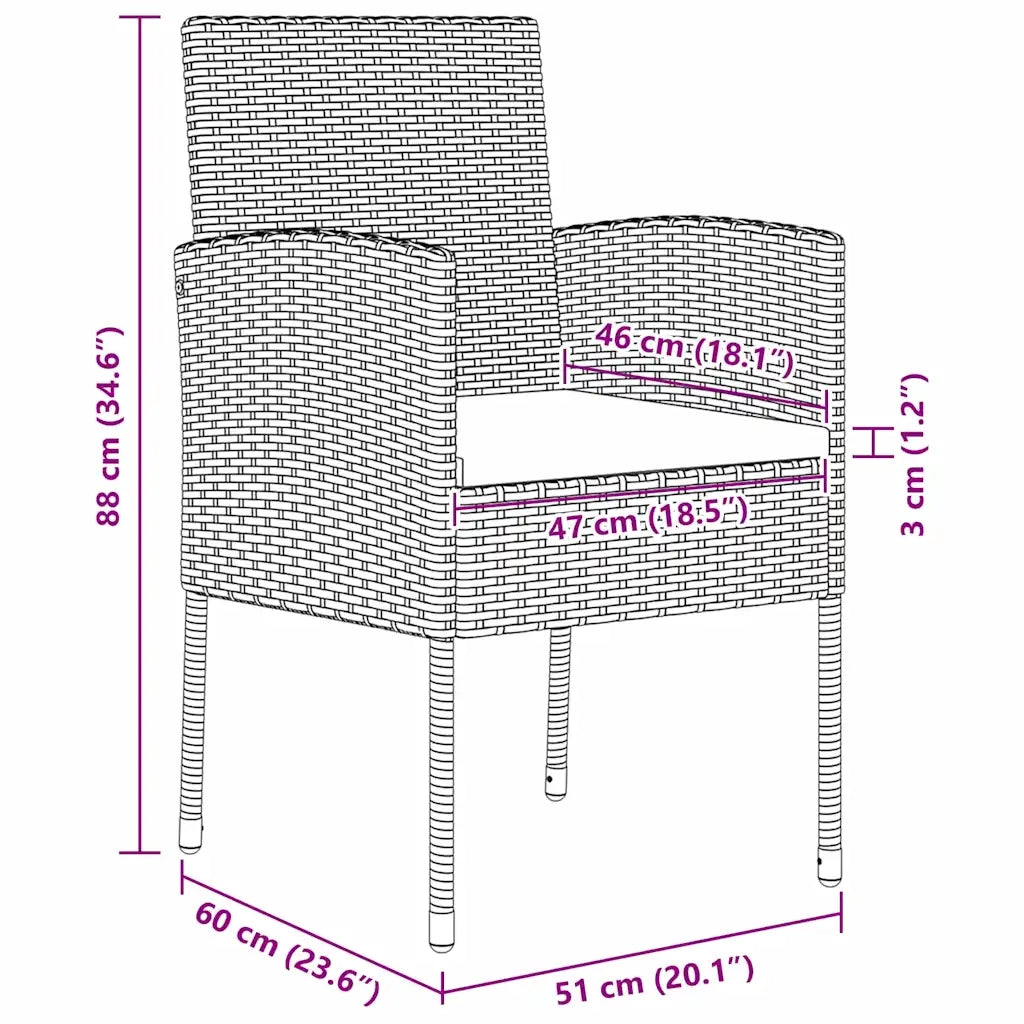 Set da Pranzo per Giardino con cuscino 3 pcs Nero polyrattan 3380050