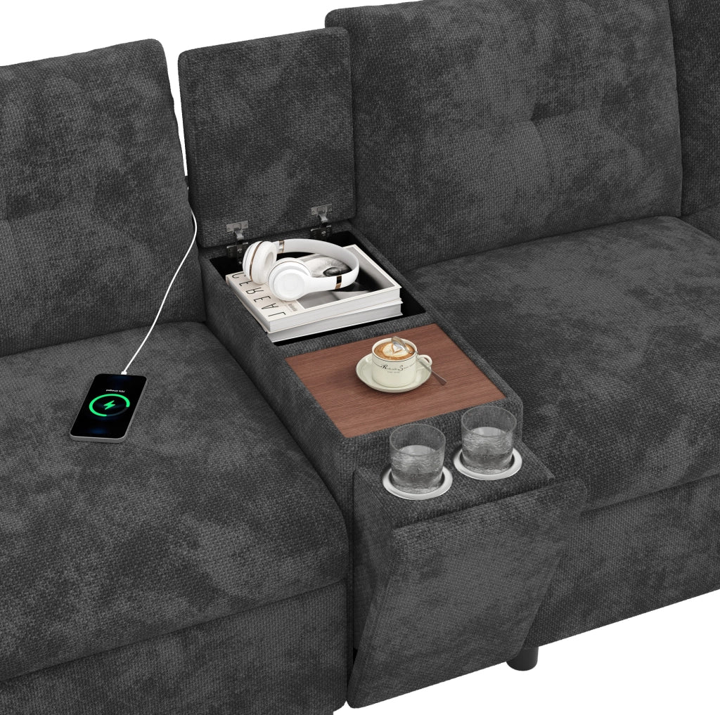 Divano angolare modulare 6 posti in chenille grigio con console centrale; USB e Type-C