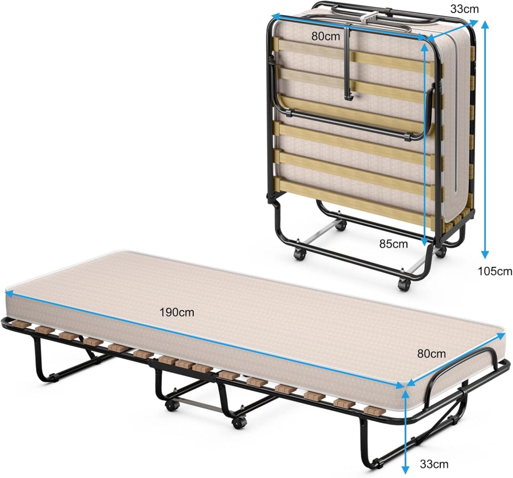 Brandina Pieghevole con Materasso, in Memory Foam, Struttura Resistente e 4 Ruote Girevoli, Lettino Pieghevole per Casa Ufficio, 190x80x33 cm (Beige)