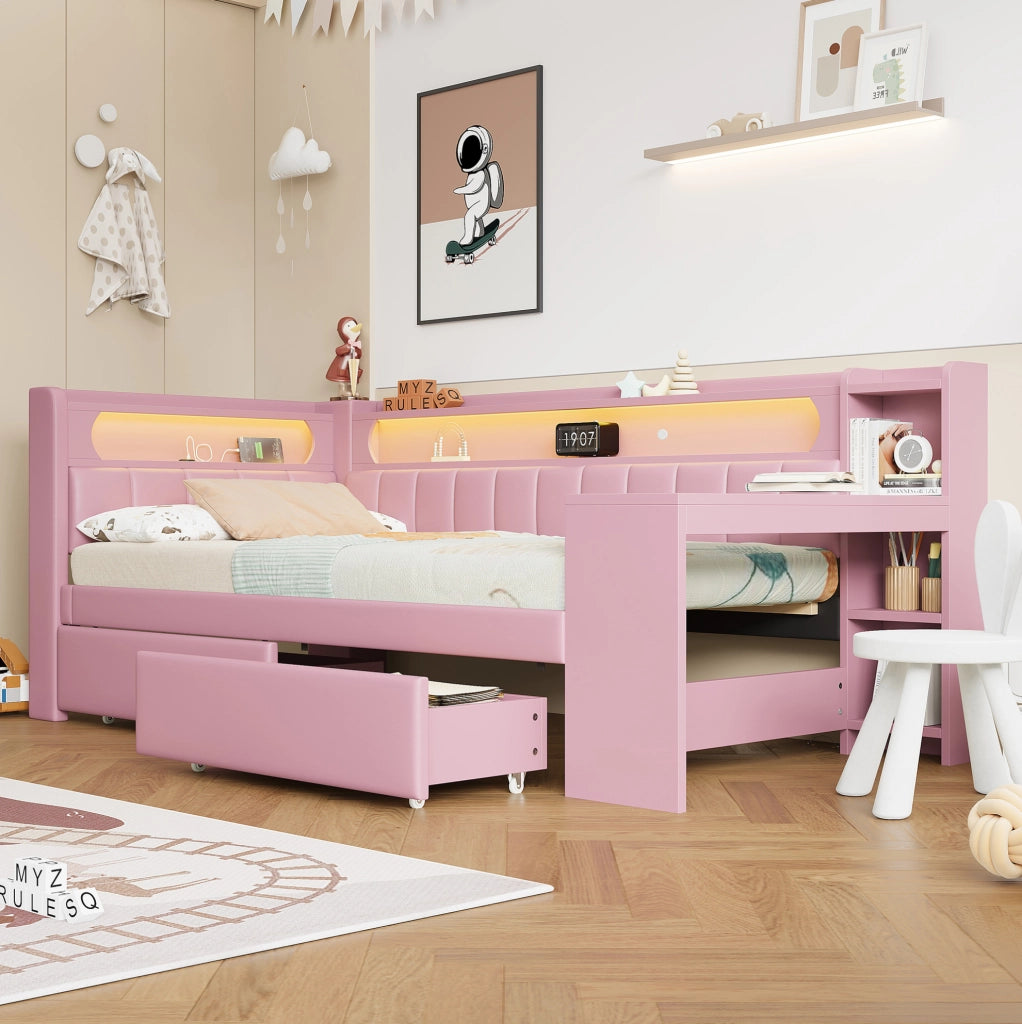 Daybed imbottito 90x200 cm rosa con LED; USB; scrivania integrata e 2 cassetti