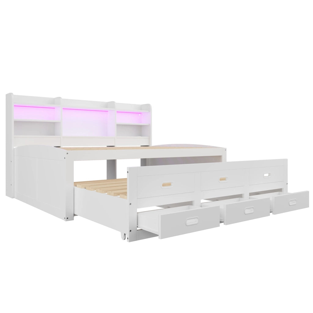 Letto multifunzionale estraibile 140x200 cm con LED, USB+Type-C, 3 cassetti e bianco