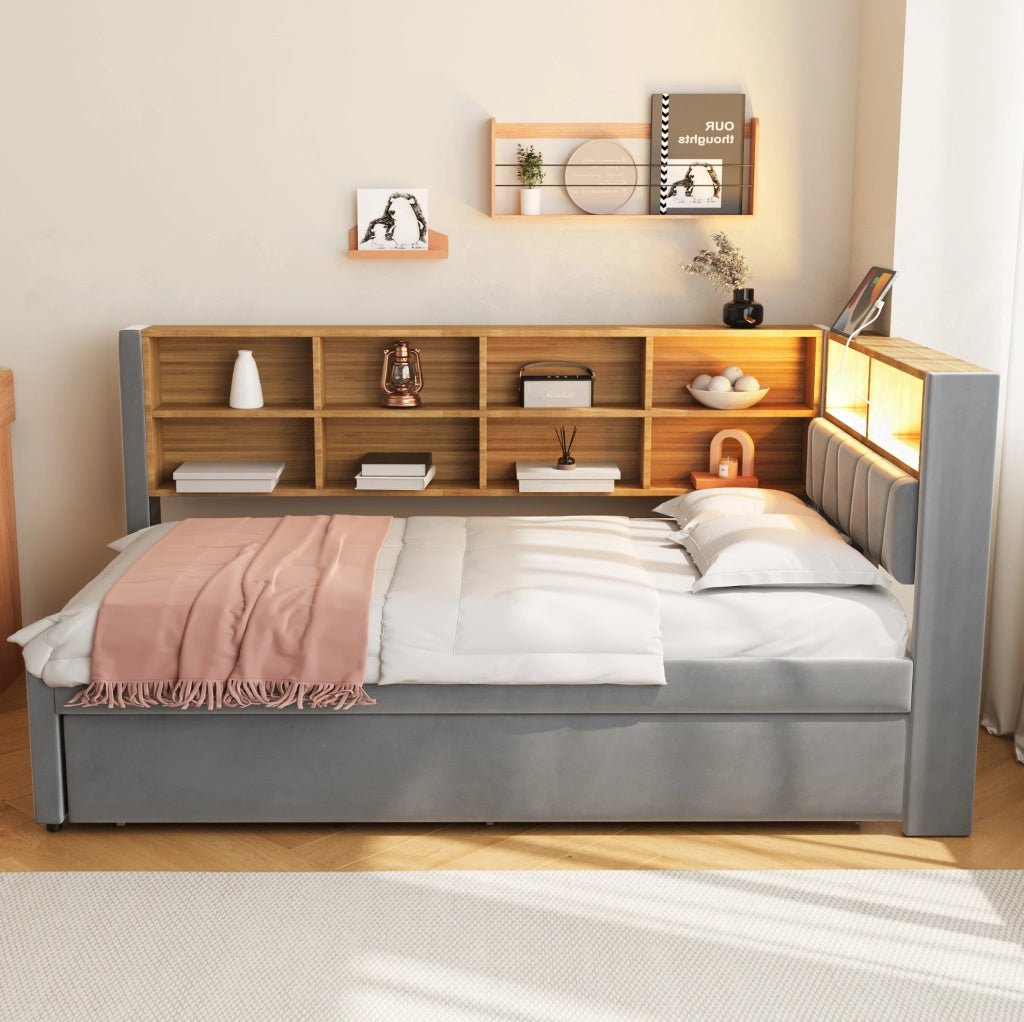 Divano letto multifunzione con letto estraibile 90x200 cm; LED; USB; Type-C; grigio scuro