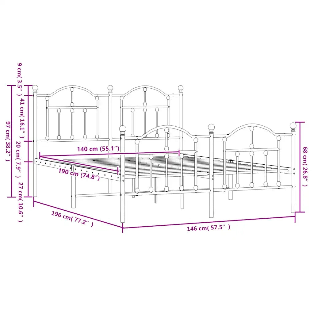 Letto matrimoniale | Letto per adulti | Giroletto con Testiera e Pediera Metallo Nero 140x190 cm