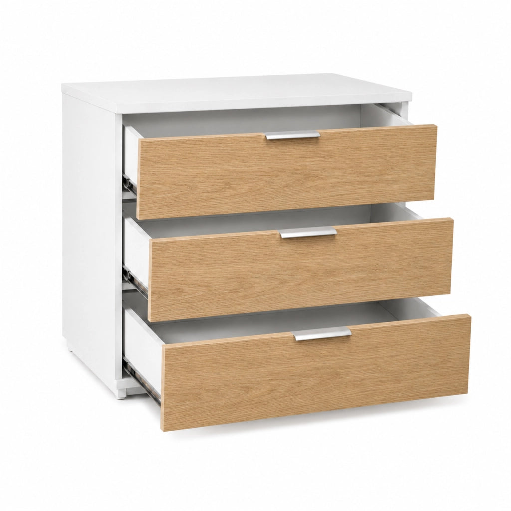 Comò 3 Cassetti Senza Piedi Cassettiera Design Minimal Mobile Per Camera Da Letto Casa Studio Corridoio E Lavanderia 77 X 38 X 80 Cm Bianco E Rovere