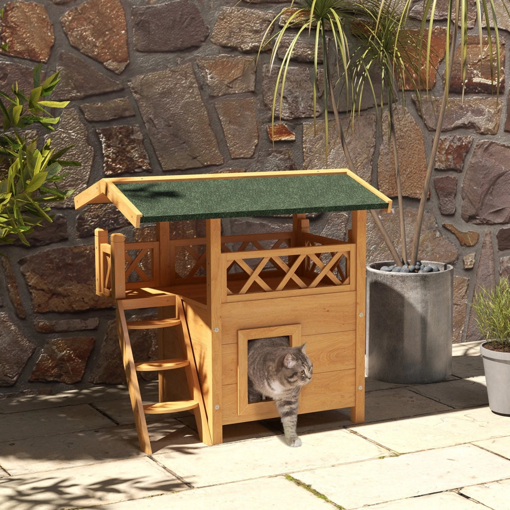 Casetta per Gatti con Terrazza ¨C Zephmum ¨C Legno Naturale e Verde 77x50x73 cm
