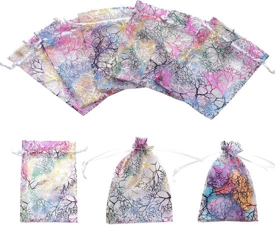 Pacchetto di sacchetti organza 100 pezzi - Disegno a forma di conchiglia - Translucido - Corda per avvolgere - Sacchetti decorativi - Regali per matrimonio/festa - Sostenibile e riutilizzabile - Sacchetti per dolci